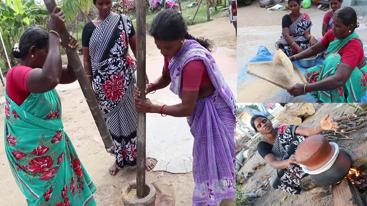 பழமையான முறையில் மர  உரல்  உலக்கை கொண்டு கைக்குத்தல் அரிசி தயார் செய்யும்  முறை/ அவி  அரிசி