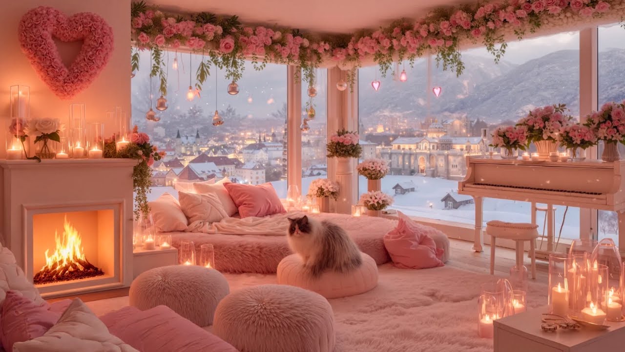 Romantic Winter Pink Bedroom 🎹 Soft Piano Music with Cozy Fireplace for Deep Sleep & Relaxation