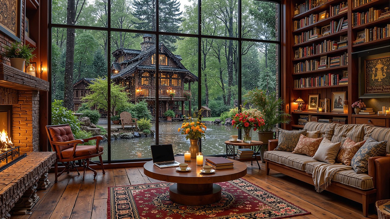 Cozy Cabin Rain Jazz 🌲 Fireplace Crackling & Window Rain Sounds for Work and Study