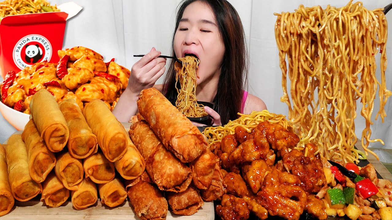 Eating Panda Express' HOTTER Orange Chicken! Kung Pao Chicken, Crispy Egg Rolls - ASMR Mukbang