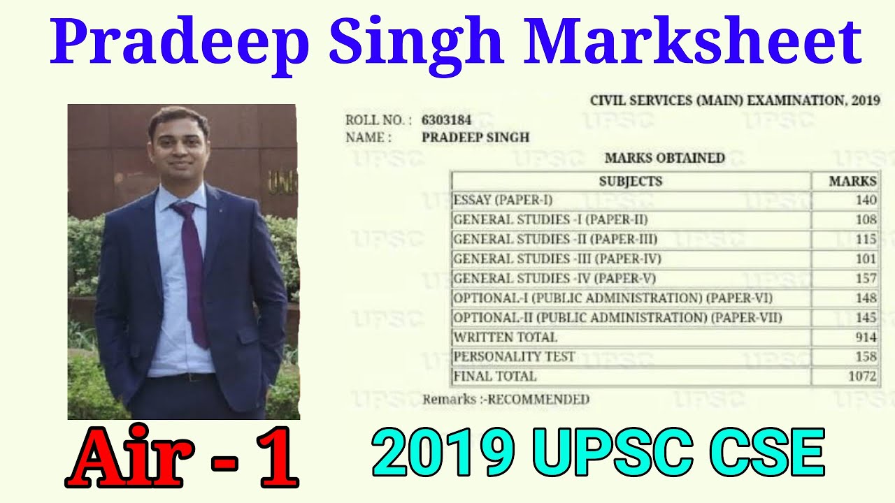 Pradeep Singh Marksheet Upsc 2019 Rank 1 Upsc 2019 Topper Pradeep