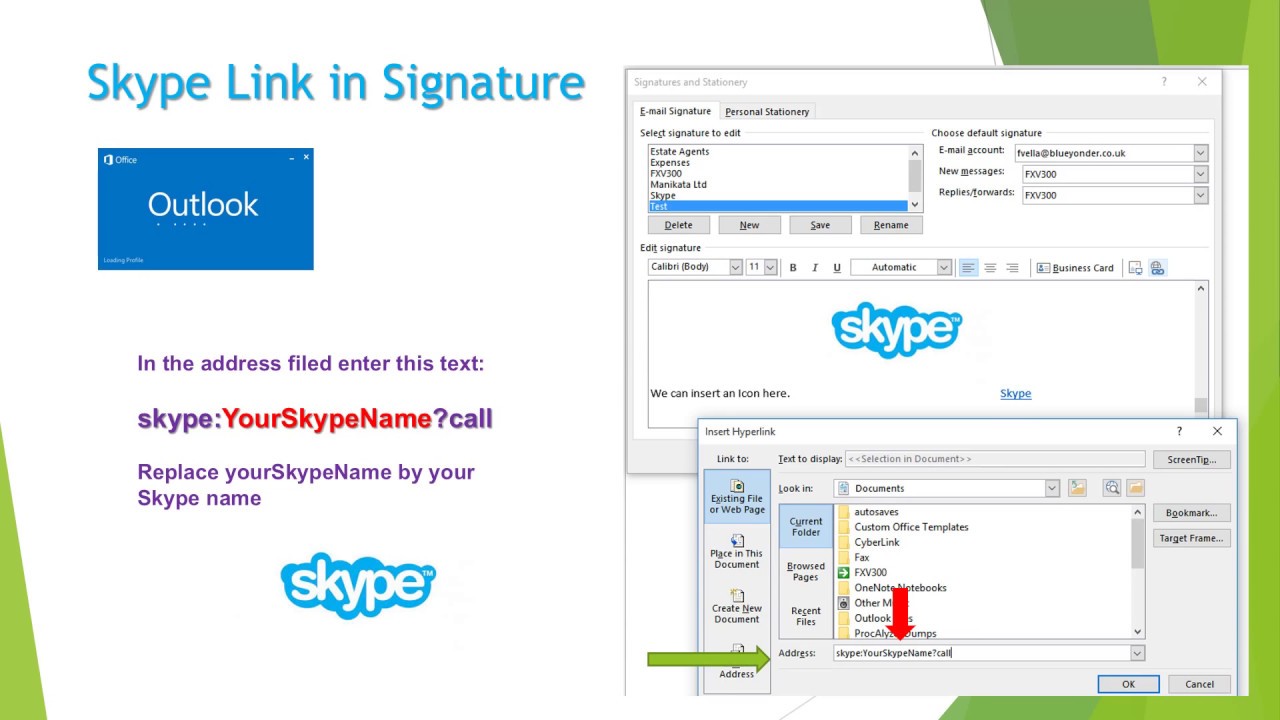 how to add skype link in outlook email signature