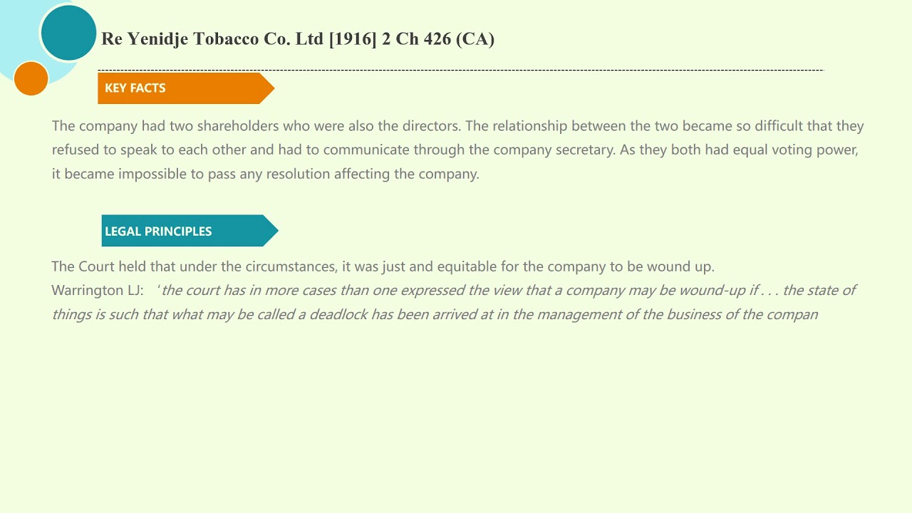[Case Law Company] ['just and equitable winding up'] Re Yenidje Tobacco Co.  Ltd [1916] 2 Ch 426 (CA)