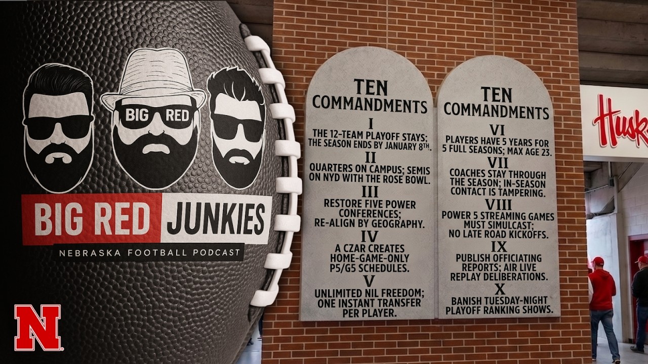 Nebraska Football fans, we're breaking down Stewart Mandel's 10 Commandments to fix college football and what each one means for the Huskers, the Big Ten, and the future of the sport.

We get into whether the SEC has actually lost its grip on college football, why the 12-team playoff needs to grow to 16, and why those first-round byes keep blowing up in everyone's faces. From there it's campus quarterfinals, killing the FCS cupcake game, the NIL Go clearinghouse mess and the Nebraska lawsuit that could blow the whole thing up, plus the five-for-five eligibility rule and what it means for guys like Cam Lenhart, Andrew Marshall, and Anthony Cavalleri. We hammer the case for a real college football commissioner, a players union, and actual contracts so the transfer portal stops being a free-for-all every January. Matt Rhule called it "professional collegiate football" on the Sharp & Benning show this week and yeah, that's exactly what it is. Treat it that way. We also hit the Trey Taylor Rivals camp QB MVP news, the dumb spoof story about Dylan Raiola bolting Oregon for Texas Tech after the Brennan Saurusbee stuff, and why the preseason AP poll needs to die or at least wait three weeks. Oh, and Nick Saban or Pat McAfee for commissioner? Hard pass on both.

00:00 Intro and Thanks for Sticking Around
02:00 Has the SEC Lost Its Luster?
04:37 12-Team Playoff or Go to 16?
10:20 Quarterfinals on Campus, Kill the Bye
18:30 Two Super Conferences Are Coming
28:30 NIL Go, the Clearinghouse, and the Nebraska Lawsuit
35:20 Five-for-Five and What It Means for Cam Lenhart
35:50 Rhule Said It: Professional Collegiate Football

If you enjoyed this episode, please Like and Subscribe!

#gbr #huskers #nebraska #cfb #b1g