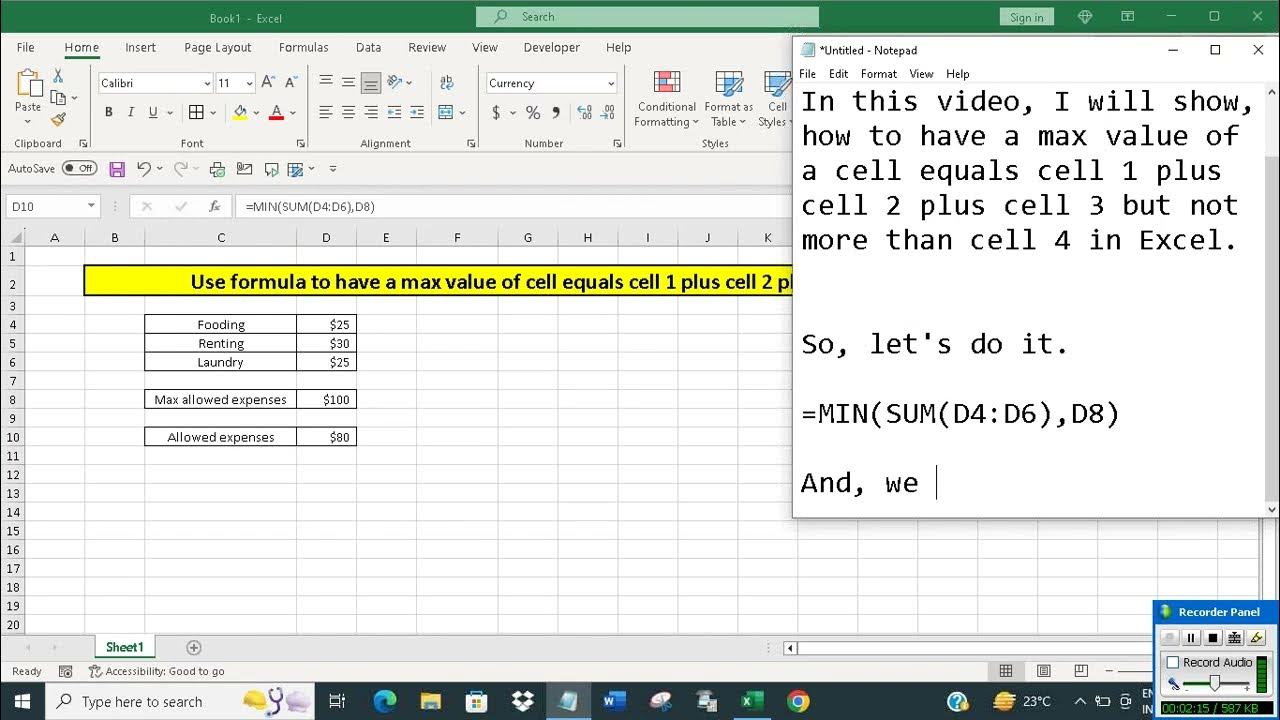 Have max value of a cell equals cell 1 plus cell 2 plus cell 3 but not