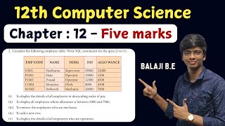 12th Computer Science | Chapter - 12 | Important 5 mark book back | SQL Program Question
