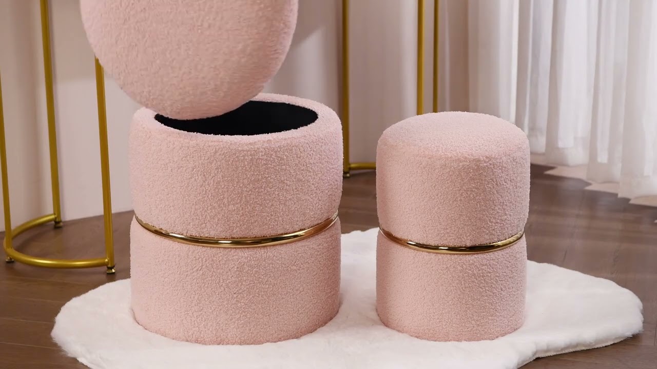 Furnimart Faux Fur Round Storage Ottoman Upholstered Vanity Stool Foot Ottoman Pack of 2