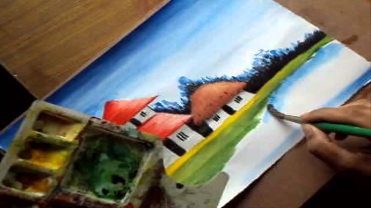 How to Paint a Village Scenery in Water Color | Drawing Houses ...