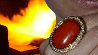 Big gold ring with red coral and diamonds Jewelry handmade 18kt gold