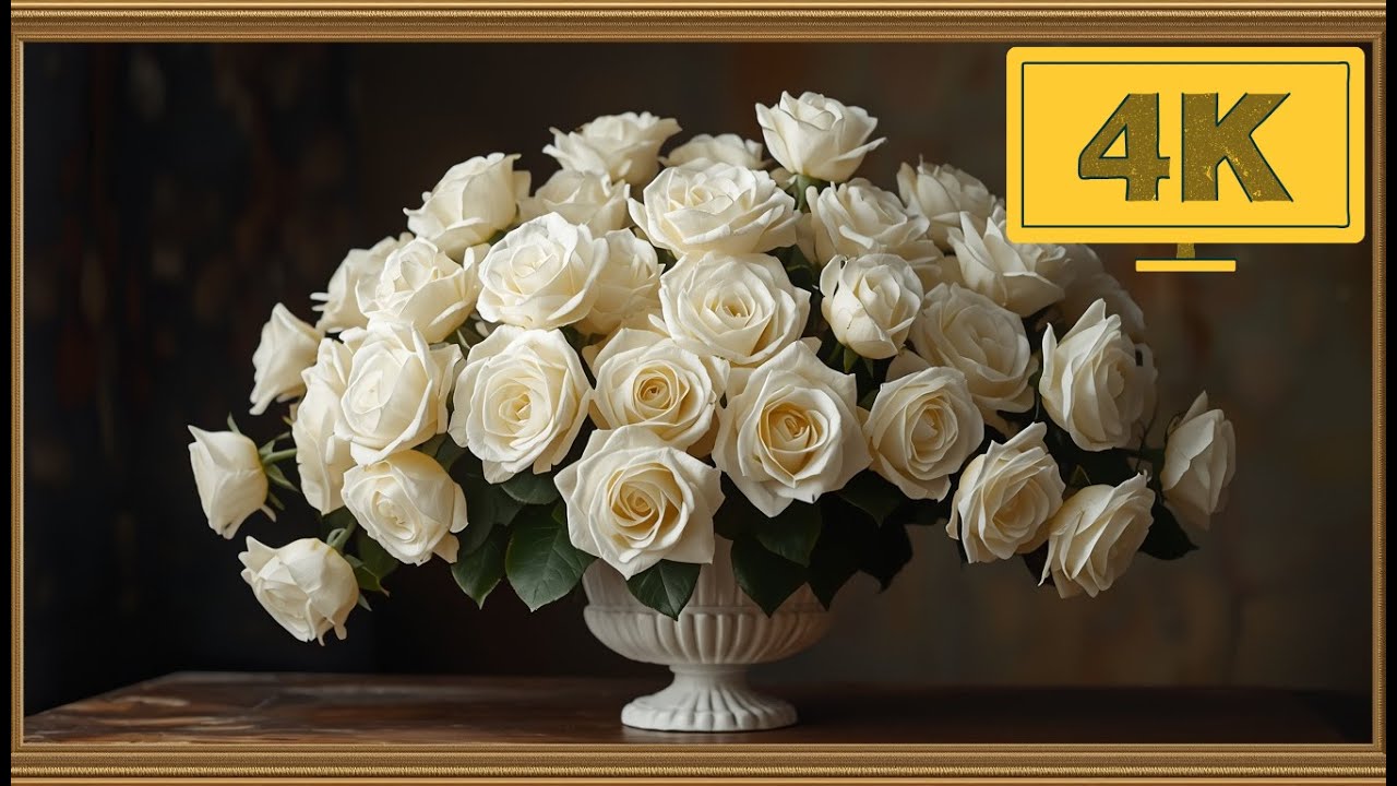 (4K TV WALLPAPER )White Rose Bouquet Painting | Classic Floral Fine Art