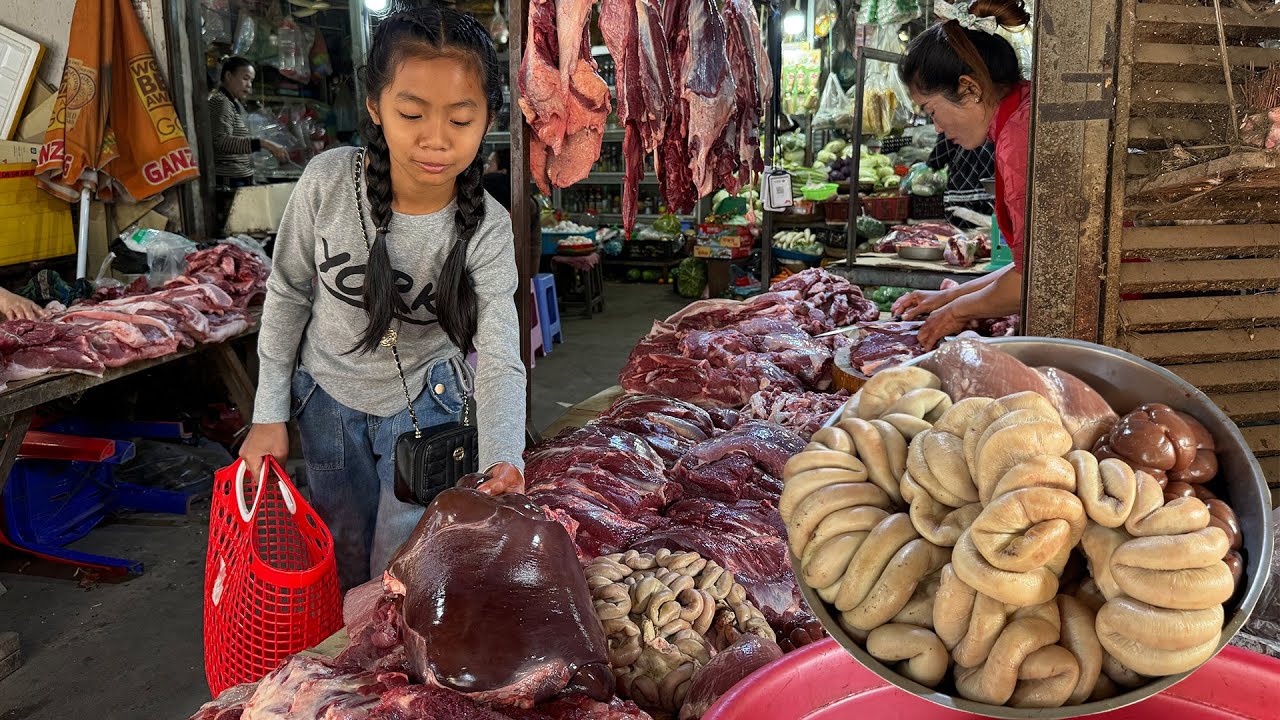 Market show: Yummy Beef intestines, liver, heart and kidney recipes - Cooking with Sreypich