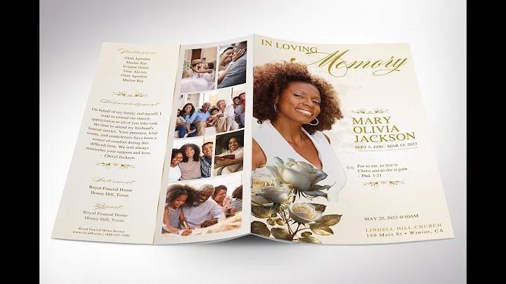 Classic Rose Funeral Program Template, Canva, Beige Gold, Magazine-Style, Obituary Template #program