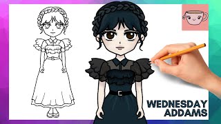 How To Draw Wednesday Addams in her RaveN Dress | Cute Easy Step By Step Drawing Tutorial