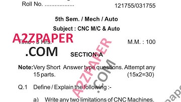 HSBTE Diploma 5th Sem CNC Machine Question Paper