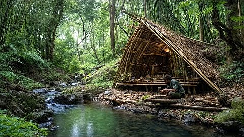 Primitive Survival Shelter | Building a Tree Trunk House and Cooking in the Wild