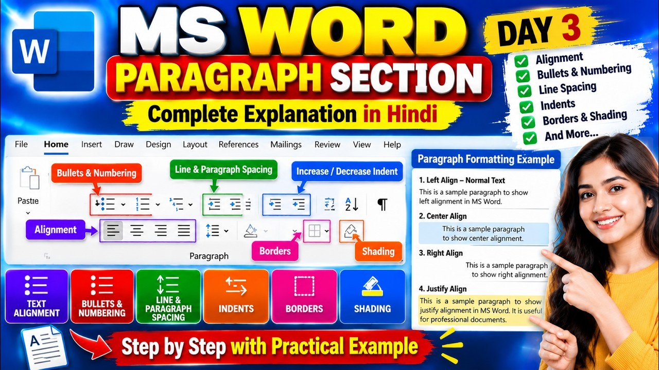 MS Word Paragraph Section in Hindi | Alignment, Bullets, Spacing | Day ...