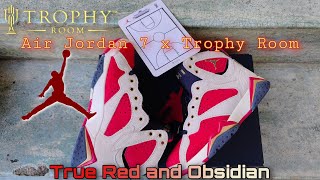 Detail look on Air Jordan 7 x Trophy Room True Red and Obsidian 