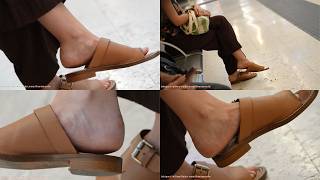 Candid amazing barched feet and bareheels, thin ankles, slippers dangling