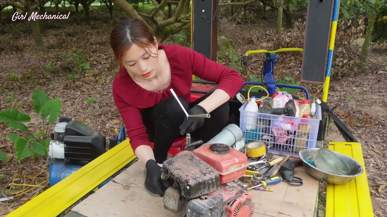 Girl restores badly damaged 4-stroke gasoline engine, helps poor farmer.