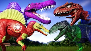 SPIDERMAN TEAM VS JOKER VS BATMAN VS IRON MAN SUPERHERO DINOSAURS BATTLE - Jurassic World Evolution