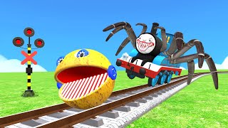 【踏切アニメ】あぶない電車 Ms PACMAN Vs 5 Train Crossing 🚦 Fumikiri 3D Railroad Crossing Animation #5