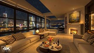 Soft Jazz Nights by the City 🌃 Luxurious Apartment with Rain on Window & Fireplace Sounds for Unwind screenshot 1