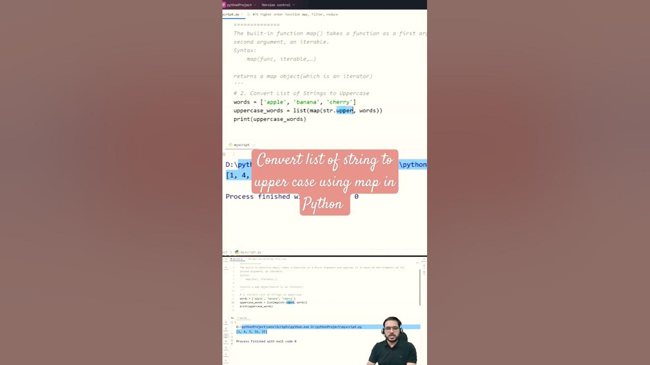 Convert a list of string to upper case using map in Python # ...