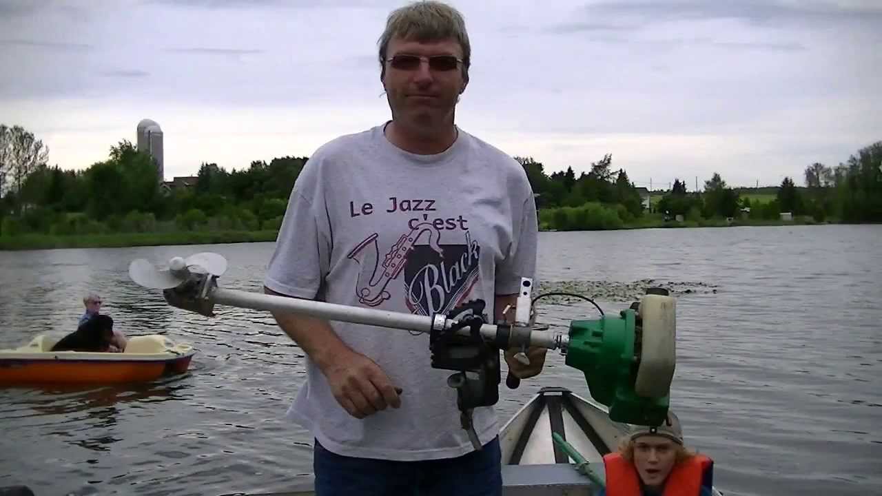 Homemade weedeater outboard motor test - YouTube