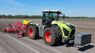 Aardappelland bewerken met Claas Xerion 4000 en poten met Grimme GL 860 en 420.