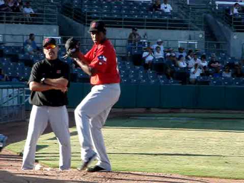 Neftali Feliz warms up prior to a Texas League start.