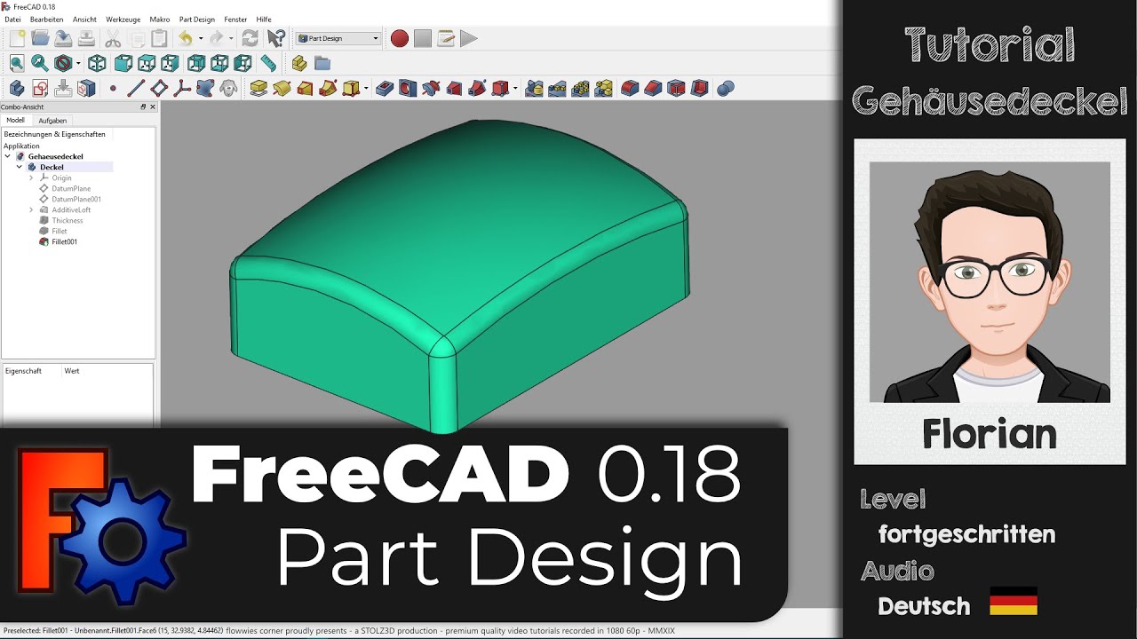 FreeCAD 0.18 Tutorial - Gewölbter Gehäusedeckel per Loft - Part Design Fortgeschrittene[Deutsch]