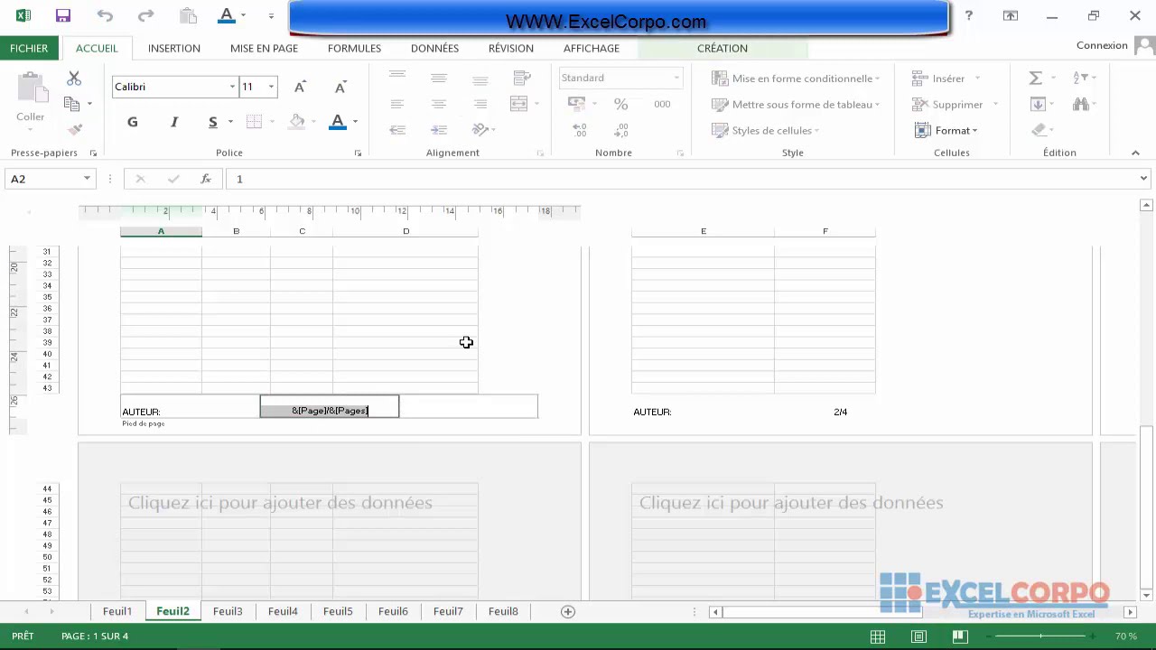 Comment  ajouter un en tête et un pied de page dans une feuille de calcul Excel