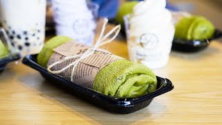 PannTea in Toronto makes matcha crepe cakes that look like towels