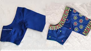 Beautiful Aari Mirror Work On Blue Stitched Blouse Using Normal Needle | Maggam Work Stitched Blouse