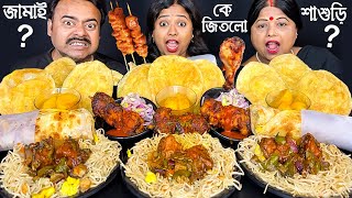 Eating Challenge Indian STREET FOOD Chicken Satay, Puri, Egg Roll, Chowmin & Manchurian Big Bites😋