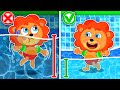 Lion family  no no play safe  safety rules in the swimming pool  cartoon for kids