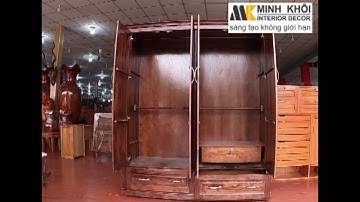 Tủ quần áo gỗ sồi Mỹ  sơn màu óc chó 4 cánh - Nội Thất Minh Khôi