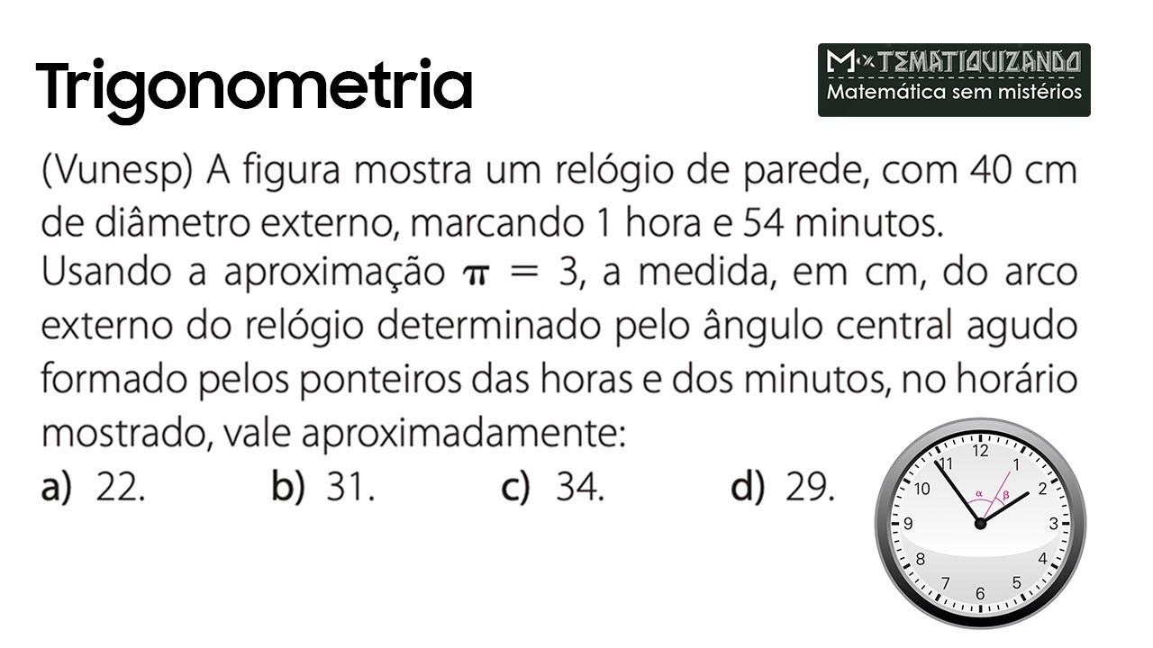 Vunesp | A figura mostra um relógio de parede, com 40 cm de diâmetro externo, marcando 1h54'..