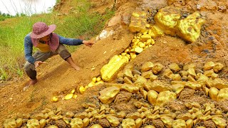 wow wow amazing day! gold miner found a lot of gold treasure under stone million years