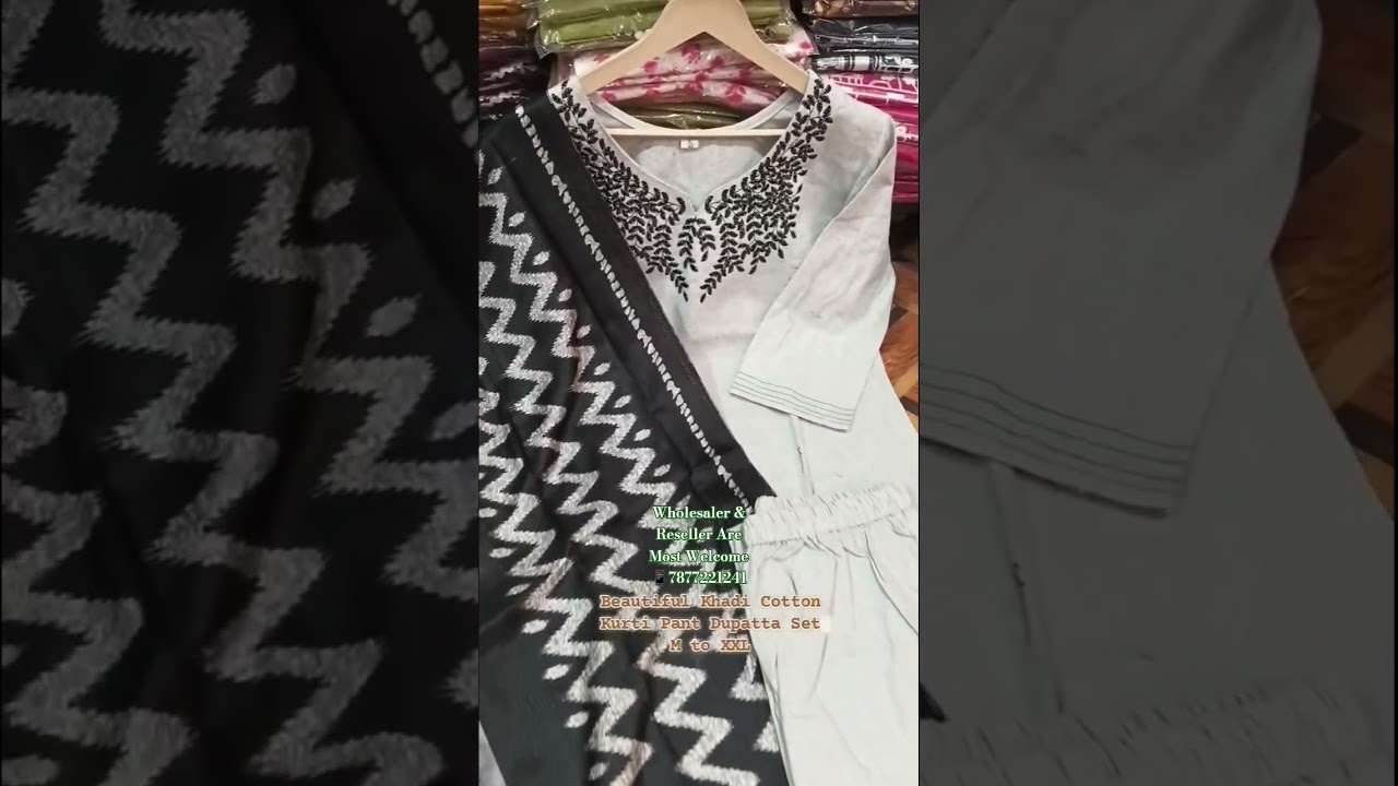 Beautiful Khadi Cotton Embroidery Work Kurti Pant Set With Digital Cotton Silk Dupatta