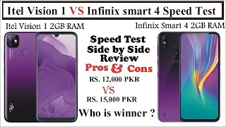 infinix smart 4 Vs itel vision 1 speed test side by side review pros and cons