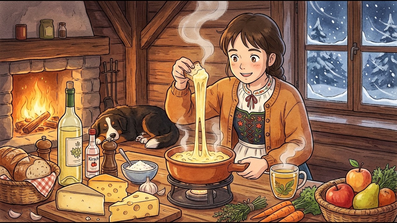 Cozy Swiss Fondue in a Snowstorm Chalet (Gruyère ASMR) | Ghibli Style Slow Living & Cooking