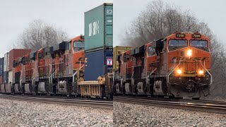 Giant 4x4x0 BNSF Mega Stack prepares to come to a stop! BNSF Transcon: Emporia sub..12/8/24