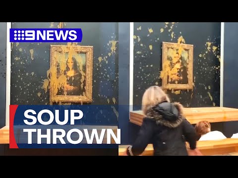 Climate protesters thrown soup at Mona Lisa painting | 9 News Australia