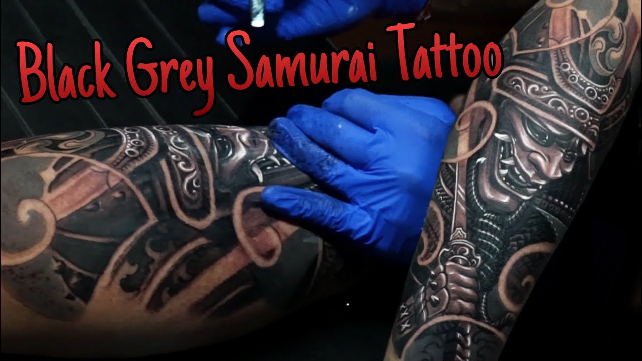 Japanese Samurai Black Grey Tattoo on the Leg by Lolit Made