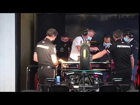 FIA Scrutineers checking the legality of Lewis Hamilton's DRS and rear wing - 2021 Brazil GP
