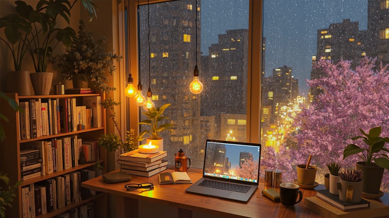 Spring Rain & Jazz Piano 🌧️ Calm Night Ambience for Deep Focus