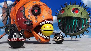 Robot Piranha & Spiky Monster VS Robot Pacman & Chain Chomp with Cartoon Cat