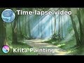 Forest landscape with a path and sunbeams. Speed art with Krita.