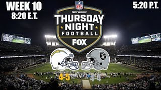 The chargers fresh off an upset win against packers 26-11 as they
travel to oakland, california face with their division rivals oakland
raider...